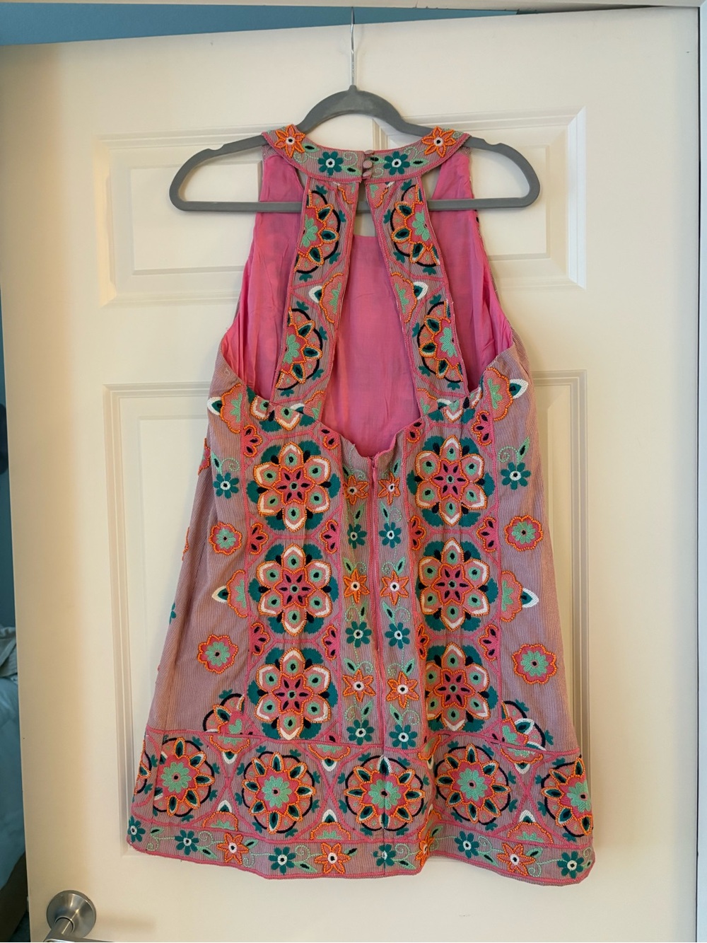Anthropologie Pink Embroidered Open-Back Halter Dress with Teal Accents - Picture 5 of 8